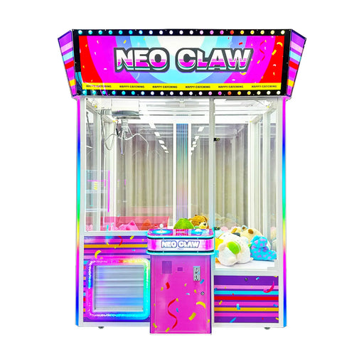 Claw Giant de face, machine à pince XXL rose et violette avec panneaux lumineux NEO CLAW et pupitre de jeu central