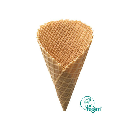 Cône gaufrette vegan dentelé de 175 mm avec diamètre 95 mm, idéal pour glace italienne ou glace double, en carton de 180 pièces.