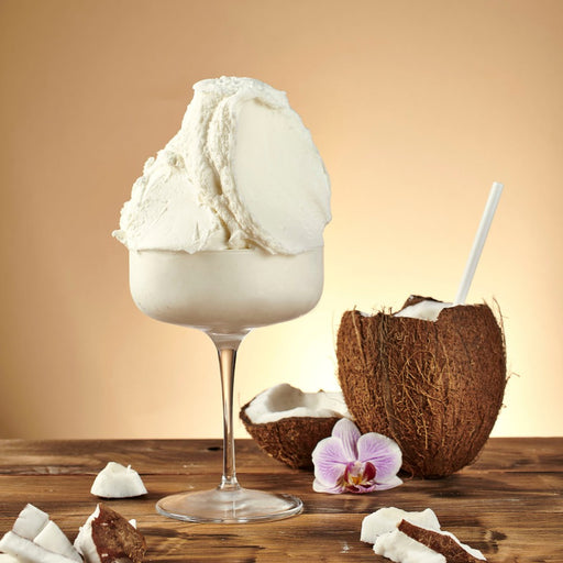 Glace saveur noix de coco posée, texture onctueuse avec copeaux visibles.
