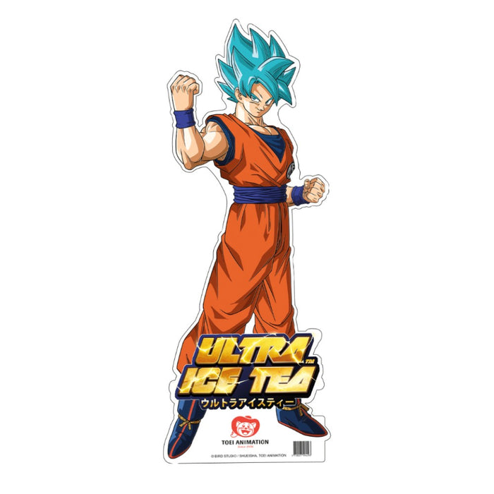 Grand présentoir en carton représentant San Goku avec les cheveux bleus.