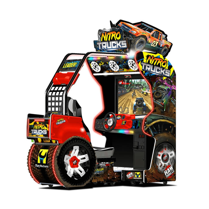 Jeu d'arcade de conduite Nitro Truck rouge de la marque Raw Thrills.