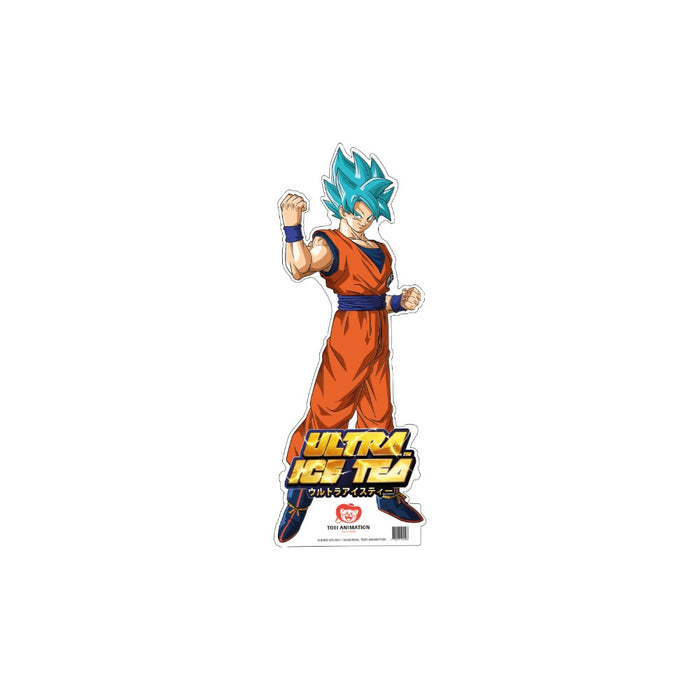 Petit présentoir en carton représentant San Goku avec les cheveux bleus.