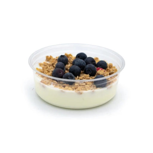 Pot Deli en PET transparent de 355 ml avec couvercle, idéal pour desserts et entrées froides.