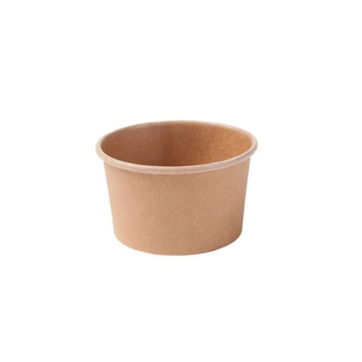 Pot à glace en carton kraft brun de 130 ml avec couvercle en dôme transparent, idéal pour desserts glacés.
