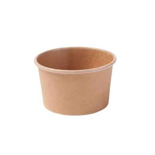 Pot à glace en carton kraft brun de 240 ml avec couvercle en dôme transparent, idéal pour desserts glacés.