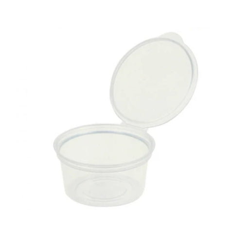 Pot à sauce 60 ml en plastique PP avec couvercle intégré, idéal pour sauces, condiments et vinaigrettes en vente à emporter.