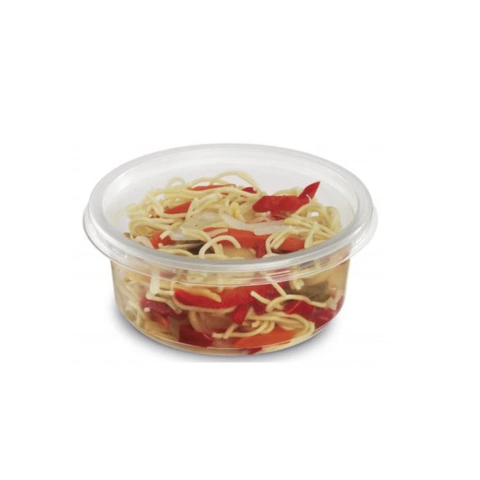 Pot en polypropylène transparent de 225 ml avec couvercle, compatible micro-ondes, idéal pour riz, pâtes, nouilles et salades.