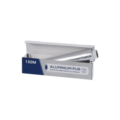 Rouleau de feuille d'aluminium de 150 mètres de long et 44 cm de large, prêt à être utilisé en cuisine.