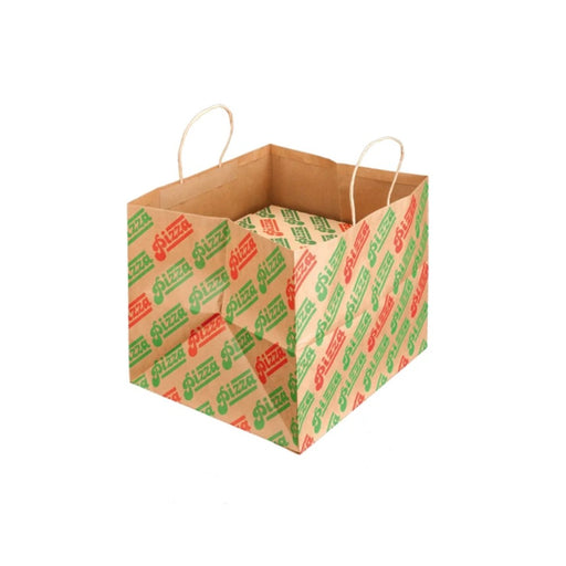 Sac papier kraft pour pizzas, poignées torsadées, format 37 x 33 x 32 cm, idéal pour transporter plusieurs boîtes en toute sécurité.