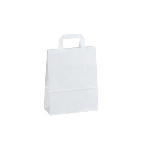 Sac en papier kraft blanc avec poignées plates renforcées. Idéal pour la vente à emporter et les commerces. Résistant, recyclable et compact. Format 22 x 10 x 28 cm.