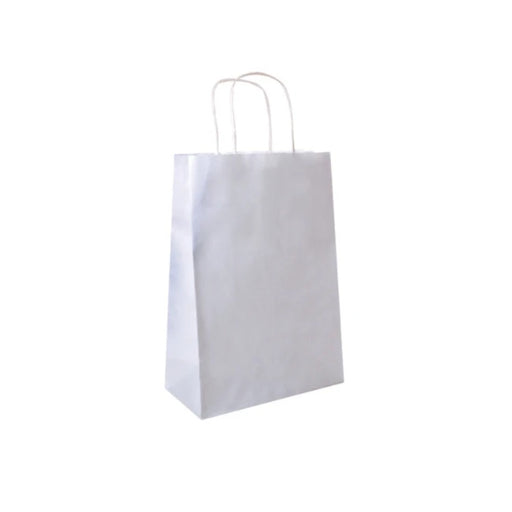 Sac papier blanc à poignées torsadées, format 20 x 10 x 29 cm, parfait pour la vente à emporter et les commerces.