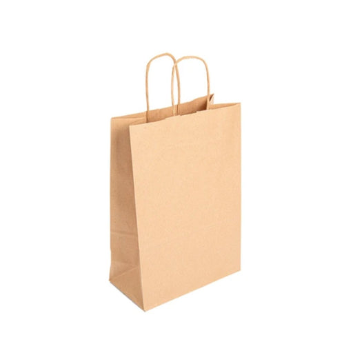 Sac papier brun à poignées torsadées, format 26 x 17 x 24 cm, conçu pour la vente à emporter et les commerces.