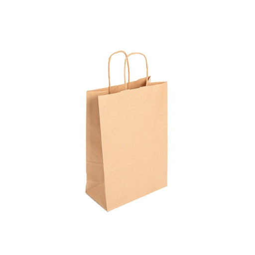 Sac papier brun à poignées torsadées, format 20 x 10 x 29 cm, idéal pour la vente à emporter et les commerces.