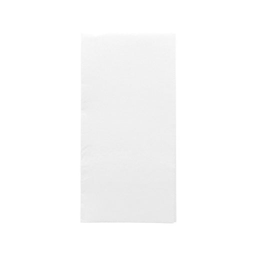 Serviette en papier blanche 40 x 40 cm pliée en 1/8, disposée élégamment avec des couverts sur une table de restaurant.