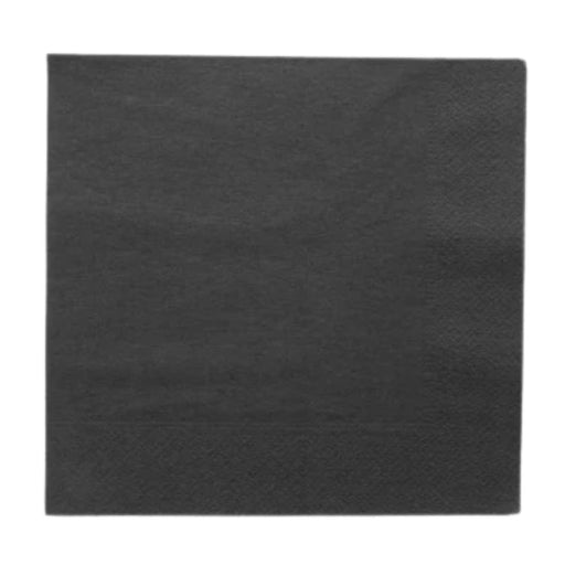 Serviette en papier noire de 39 x 39 cm, pliée élégamment, disposée sur une table de restaurant bien dressée.