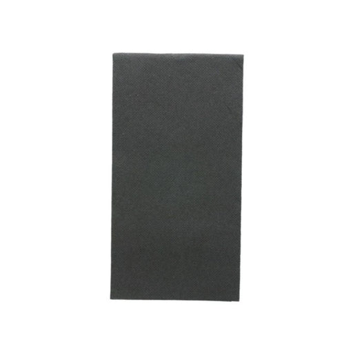 Serviette en papier noire 40 x 40 cm pliée en 1/8, disposée élégamment avec des couverts sur une table de restaurant.

