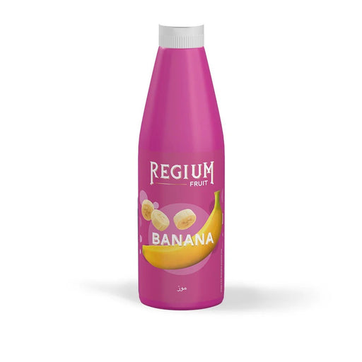 Sirop concentré en bouteille REGIUM BANANE pour cocktail et mocktail produit par la société italienne Pregel.