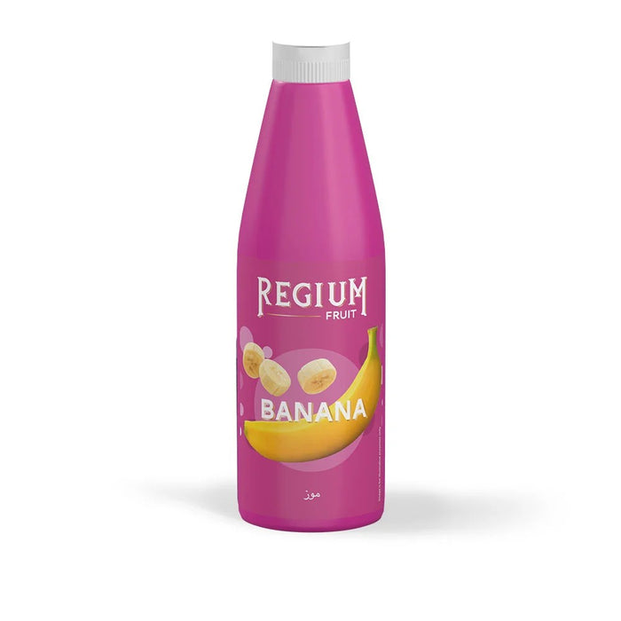 Sirop concentré en bouteille REGIUM BANANE pour cocktail et mocktail produit par la société italienne Pregel.