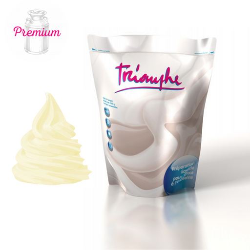 Préparation liquide mix VANILLE Premium TRIOMPHE en poches souples, conçue pour glaces à l’italienne avec une saveur riche et une texture onctueuse.